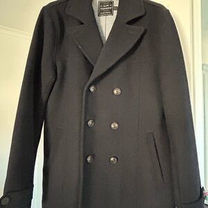 Topman Navy Blue Pea Coat with Wide Lapels
